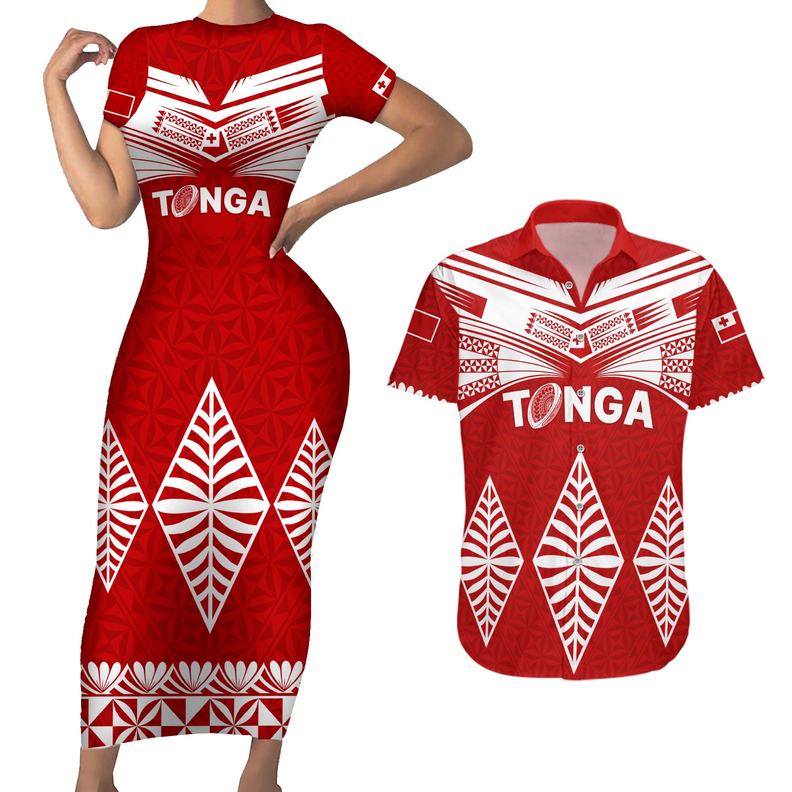 Tonga Rugby Couples Matching Short Sleeve Bodycon Dress and Hawaiian Shirt Proud Tongan Ngatu Kupesi World Cup 2023 No1 LT9 White - Polynesian Pride