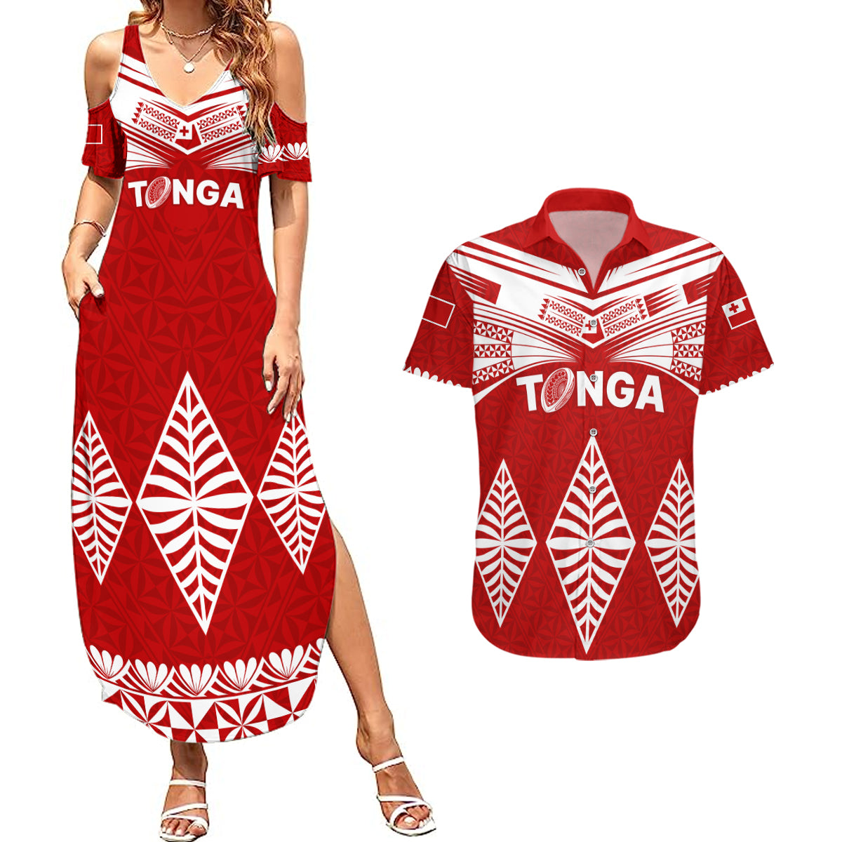 Tonga Rugby Couples Matching Summer Maxi Dress and Hawaiian Shirt Proud Tongan Ngatu Kupesi World Cup 2023 No1 LT9 White - Polynesian Pride