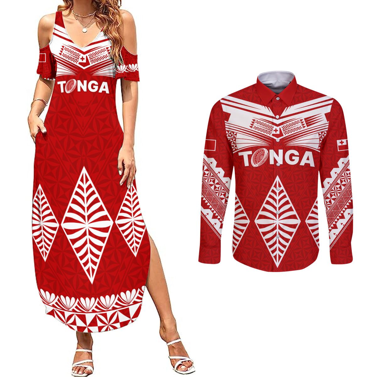 Tonga Rugby Couples Matching Summer Maxi Dress and Long Sleeve Button Shirts Proud Tongan Ngatu Kupesi World Cup 2023 No1 LT9 White - Polynesian Pride