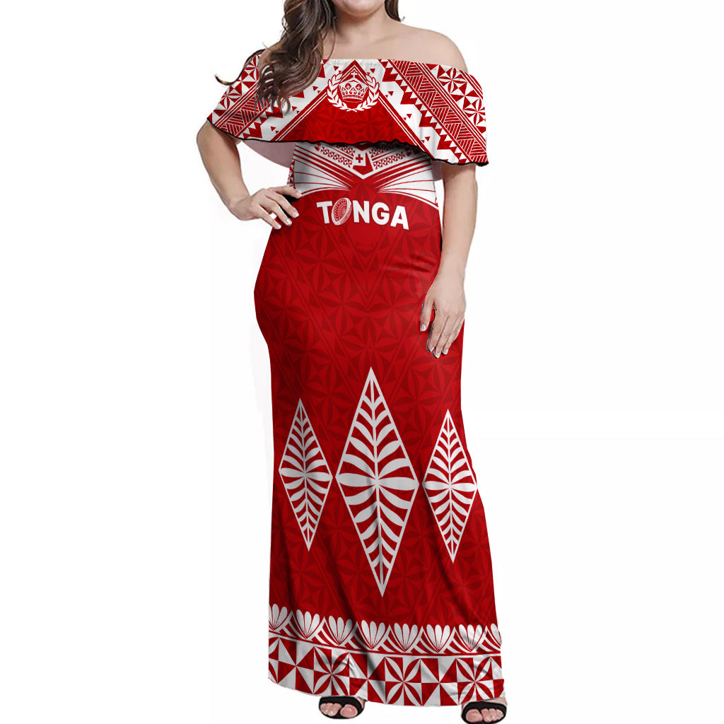 Tonga Rugby Off Shoulder Maxi Dress Proud Tongan Ngatu Kupesi World Cup 2023 No1 LT9 Women White - Polynesian Pride