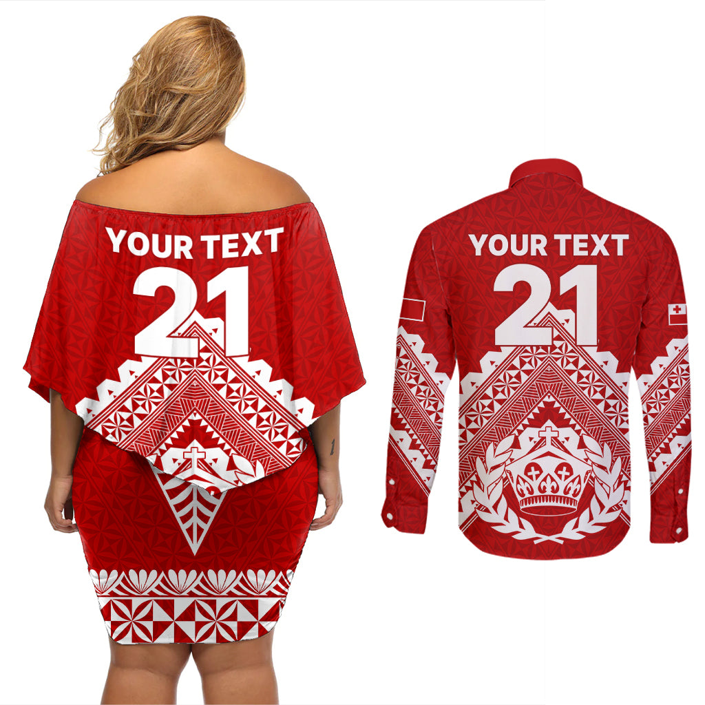 Custom Tonga Rugby Couples Matching Off Shoulder Short Dress and Long Sleeve Button Shirts Proud Tongan Ngatu Kupesi World Cup 2023 No1 LT9 - Polynesian Pride