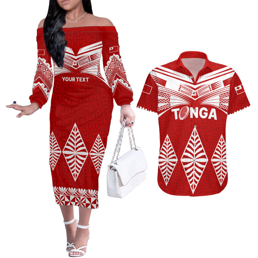 Custom Tonga Rugby Couples Matching Off The Shoulder Long Sleeve Dress and Hawaiian Shirt Proud Tongan Ngatu Kupesi World Cup 2023 No1 LT9 White - Polynesian Pride