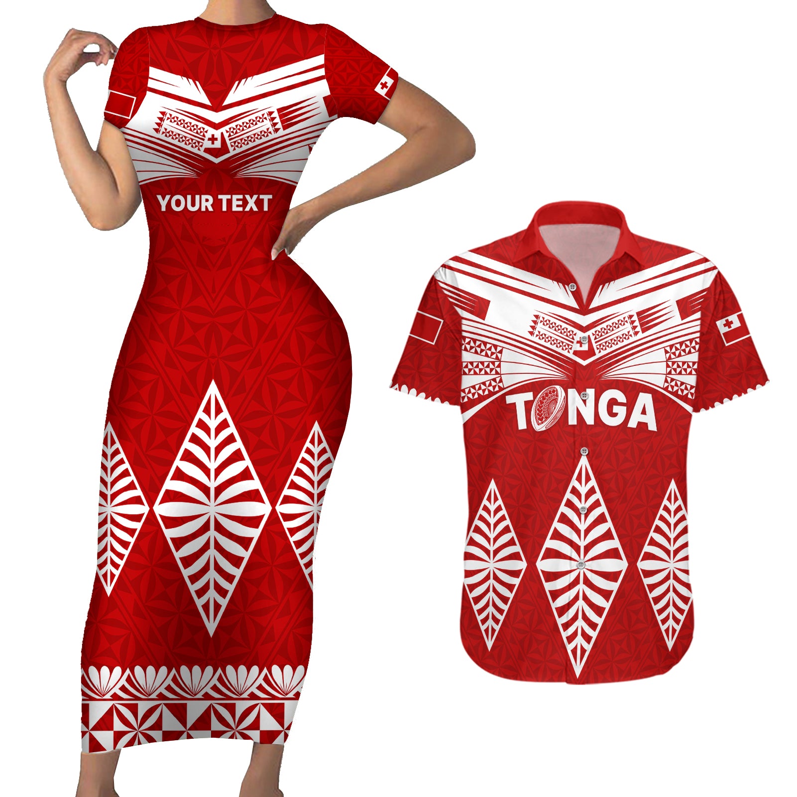 Custom Tonga Rugby Couples Matching Short Sleeve Bodycon Dress and Hawaiian Shirt Proud Tongan Ngatu Kupesi World Cup 2023 No1 LT9 White - Polynesian Pride