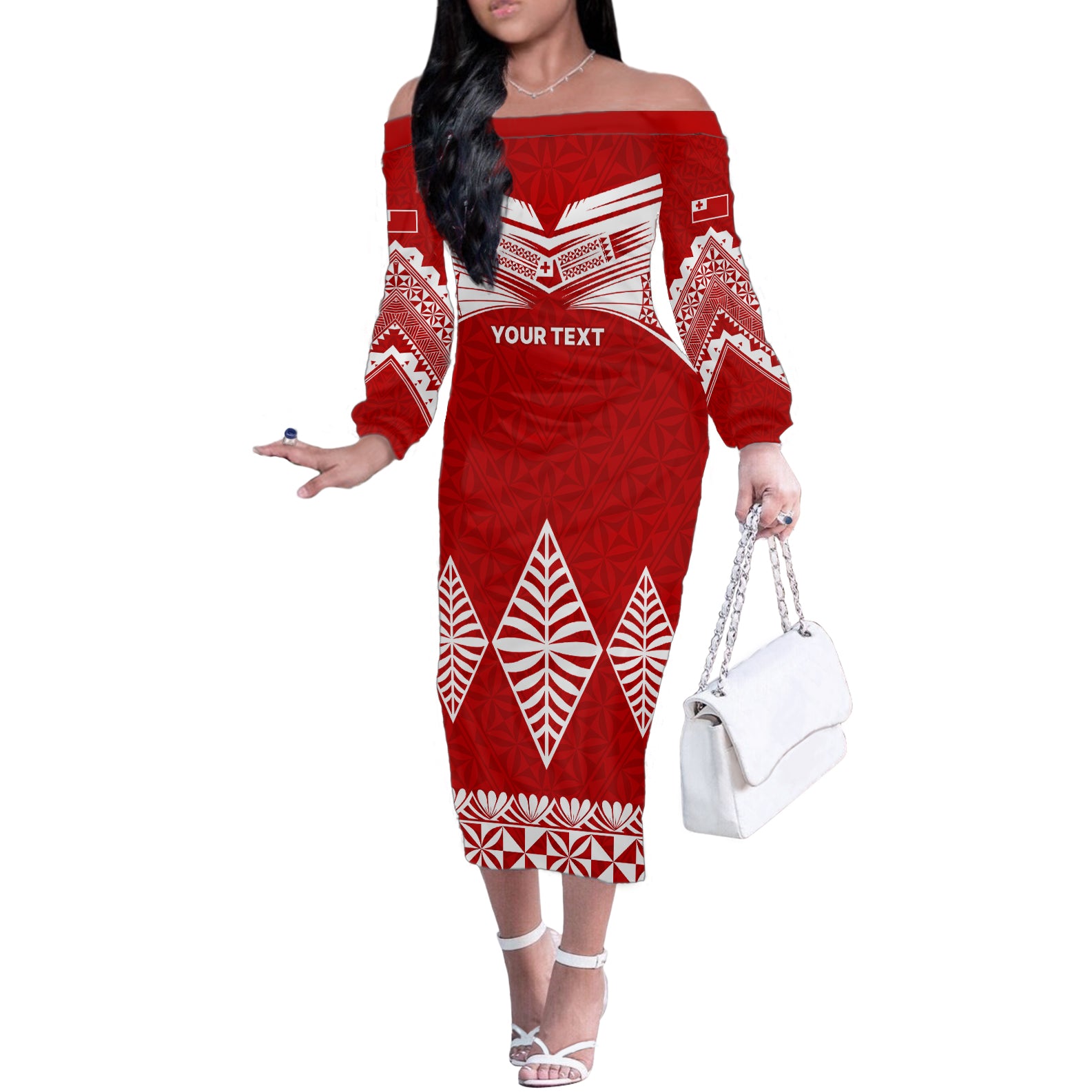 Custom Tonga Rugby Off The Shoulder Long Sleeve Dress Proud Tongan Ngatu Kupesi World Cup 2023 No1 LT9 Women White - Polynesian Pride