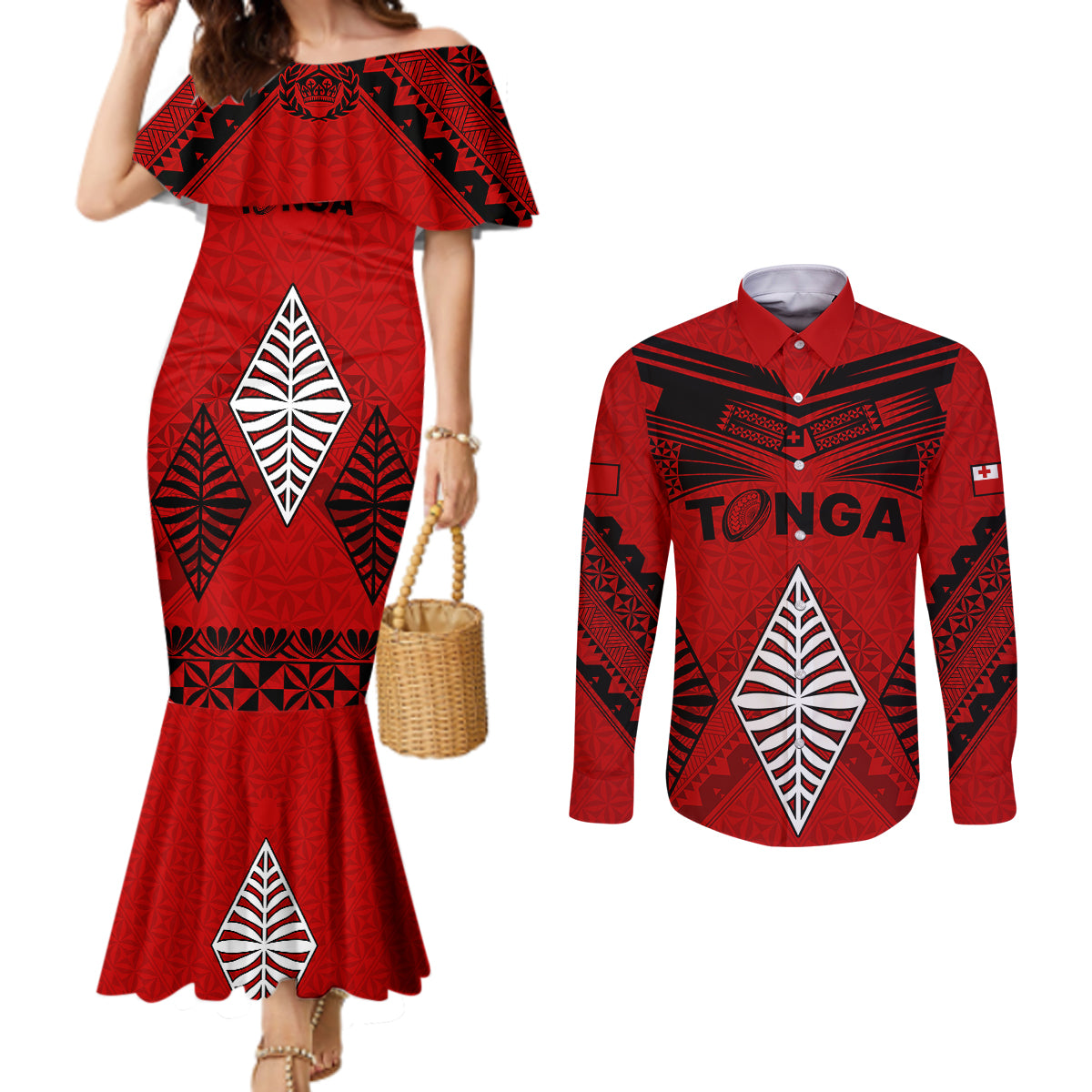 Tonga Rugby Couples Matching Mermaid Dress and Long Sleeve Button Shirts Proud Tongan Ngatu Kupesi World Cup 2023 No2 LT9 Black - Polynesian Pride