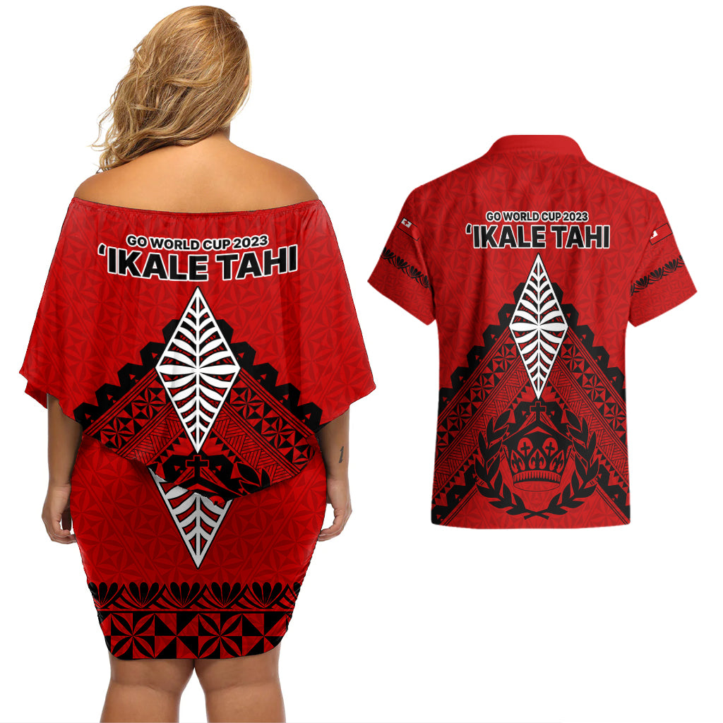 Tonga Rugby Couples Matching Off Shoulder Short Dress and Hawaiian Shirt Proud Tongan Ngatu Kupesi World Cup 2023 No2 LT9 - Polynesian Pride