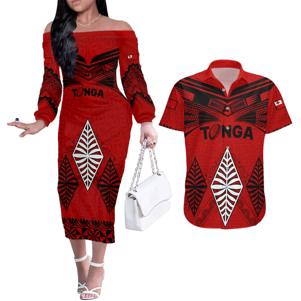 Tonga Rugby Couples Matching Off The Shoulder Long Sleeve Dress and Hawaiian Shirt Proud Tongan Ngatu Kupesi World Cup 2023 No2 LT9 Black - Polynesian Pride