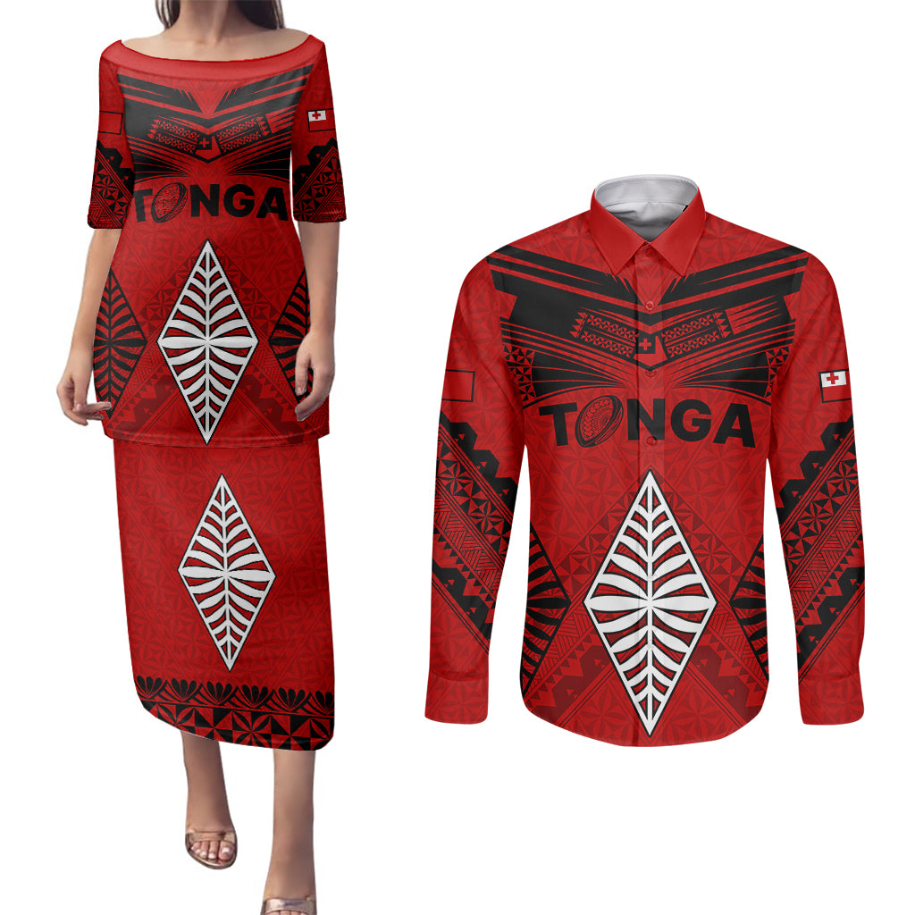 Tonga Rugby Couples Matching Puletasi Dress and Long Sleeve Button Shirts Proud Tongan Ngatu Kupesi World Cup 2023 No2 LT9 Black - Polynesian Pride