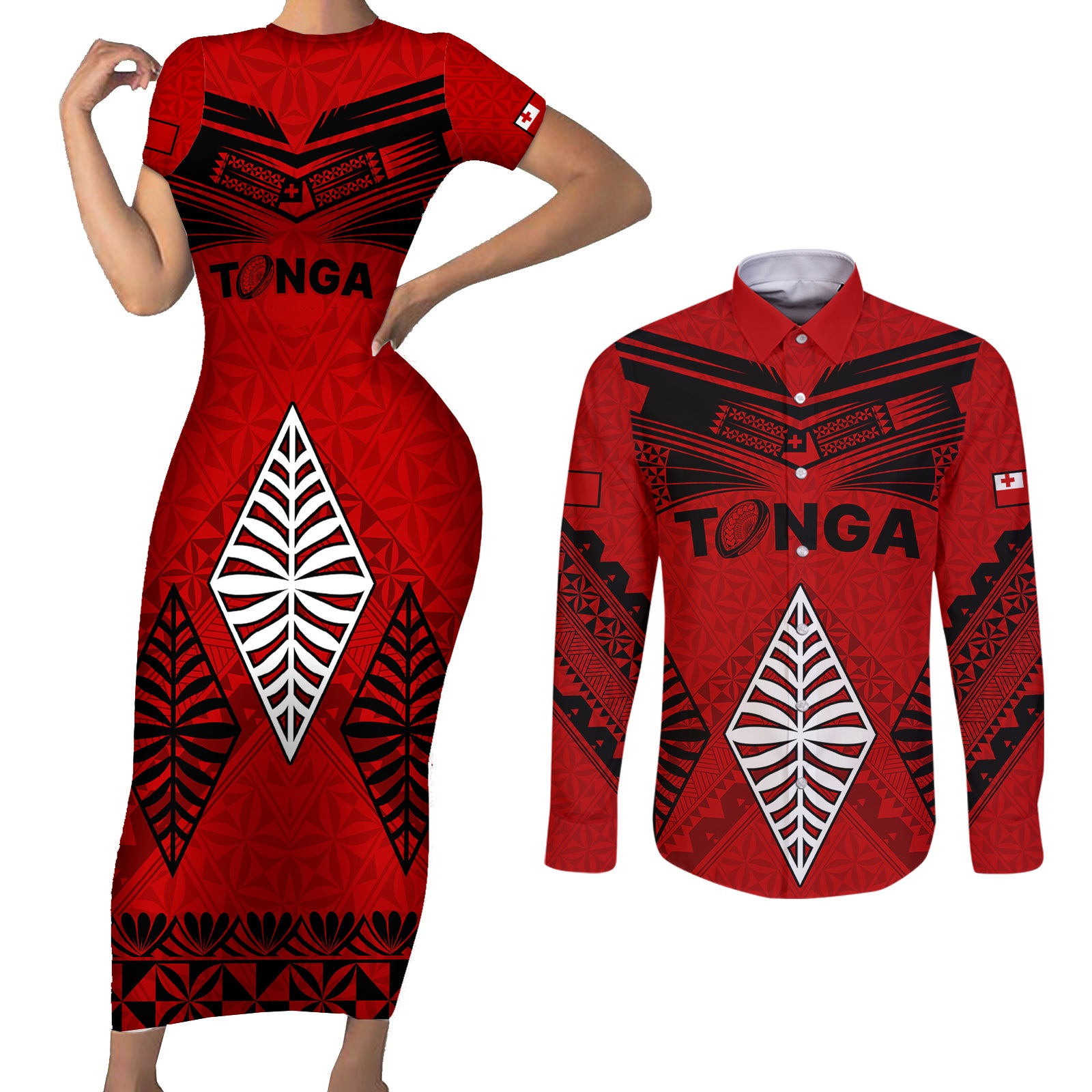 Tonga Rugby Couples Matching Short Sleeve Bodycon Dress and Long Sleeve Button Shirts Proud Tongan Ngatu Kupesi World Cup 2023 No2 LT9 Black - Polynesian Pride