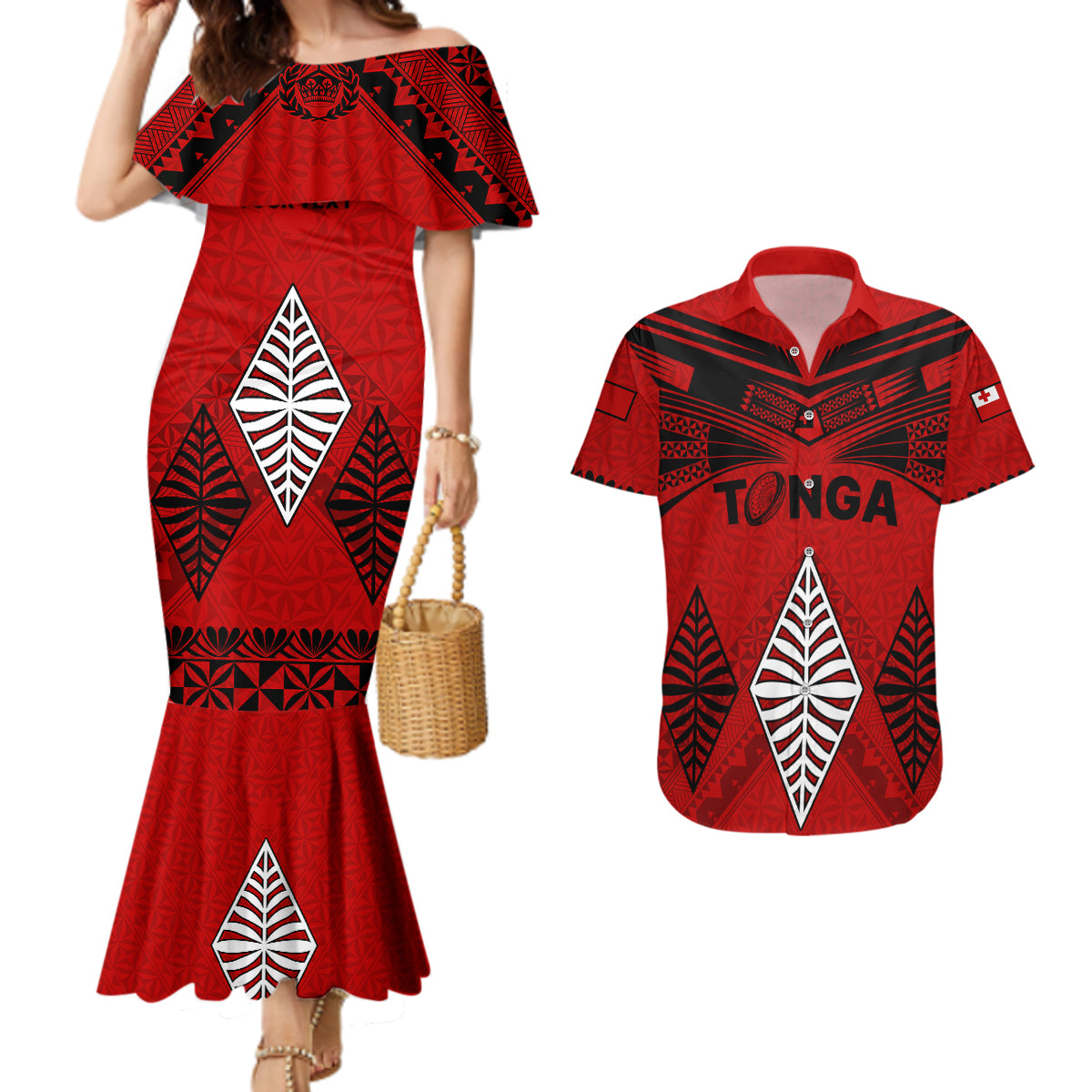 Custom Tonga Rugby Couples Matching Mermaid Dress And Hawaiian Shirt Proud Tongan Ngatu Kupesi World Cup 2023 No2 LT9 Black - Polynesian Pride