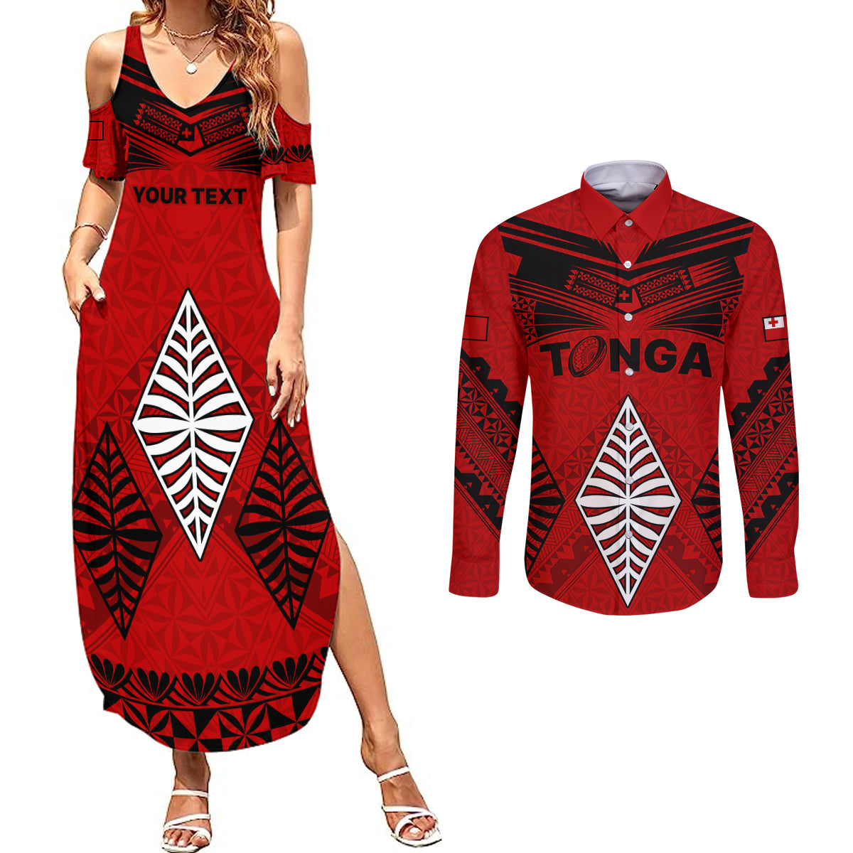 Custom Tonga Rugby Couples Matching Summer Maxi Dress and Long Sleeve Button Shirts Proud Tongan Ngatu Kupesi World Cup 2023 No2 LT9 Black - Polynesian Pride