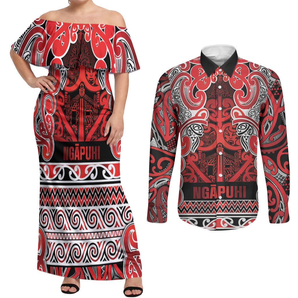 Aotearoa Iwi Ngapuhi Couples Matching Off Shoulder Maxi Dress and Long Sleeve Button Shirt Maori Wharenui House Tribal Pattern LT9 Red - Polynesian Pride
