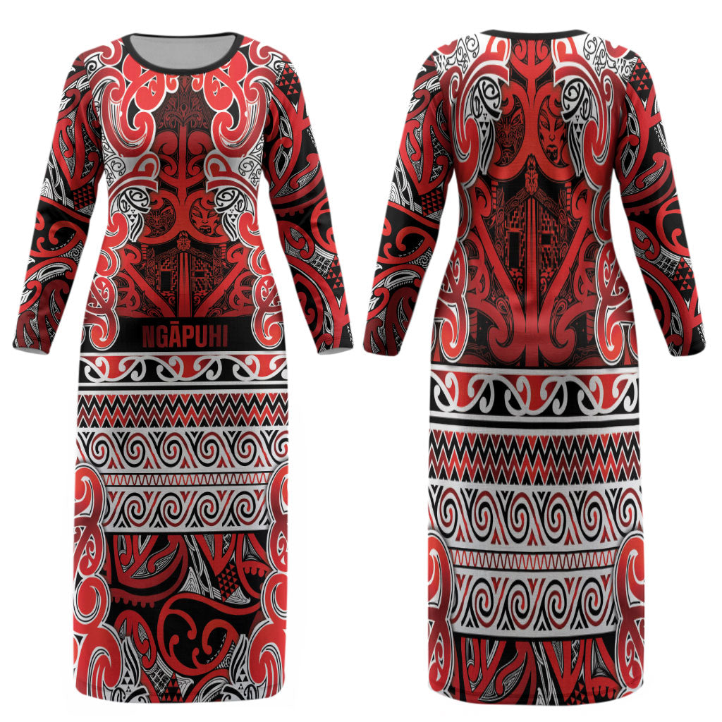 Aotearoa Iwi Ngapuhi Family Matching Long Sleeve Bodycon Dress and Hawaiian Shirt Maori Wharenui House Tribal Pattern LT9 Mom's Dress Red - Polynesian Pride