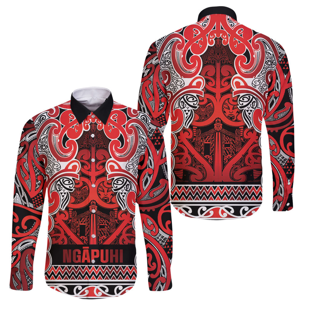 Aotearoa Iwi Ngapuhi Family Matching Long Sleeve Bodycon Dress and Hawaiian Shirt Maori Wharenui House Tribal Pattern LT9 Dad's Shirt - Long Sleeve Red - Polynesian Pride