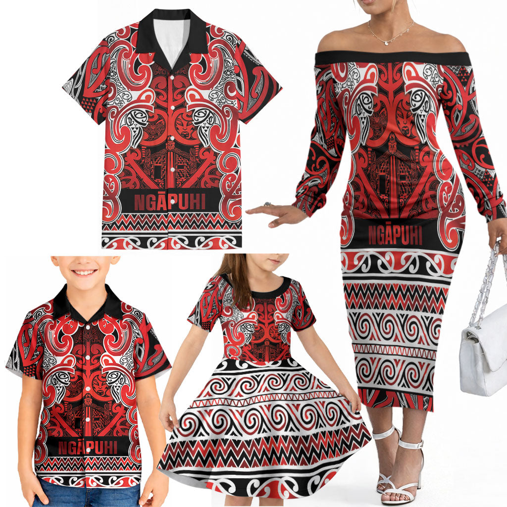 Aotearoa Iwi Ngapuhi Family Matching Off The Shoulder Long Sleeve Dress and Hawaiian Shirt Maori Wharenui House Tribal Pattern