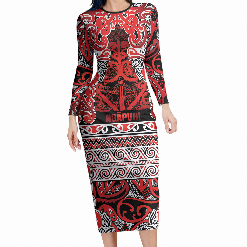 Aotearoa Iwi Ngapuhi Long Sleeve Bodycon Dress Maori Wharenui House Tribal Pattern LT9 Long Dress Red - Polynesian Pride