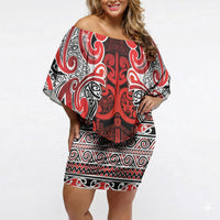 Aotearoa Iwi Ngapuhi Off Shoulder Short Dress Maori Wharenui House Tribal Pattern LT9 Women Red - Polynesian Pride