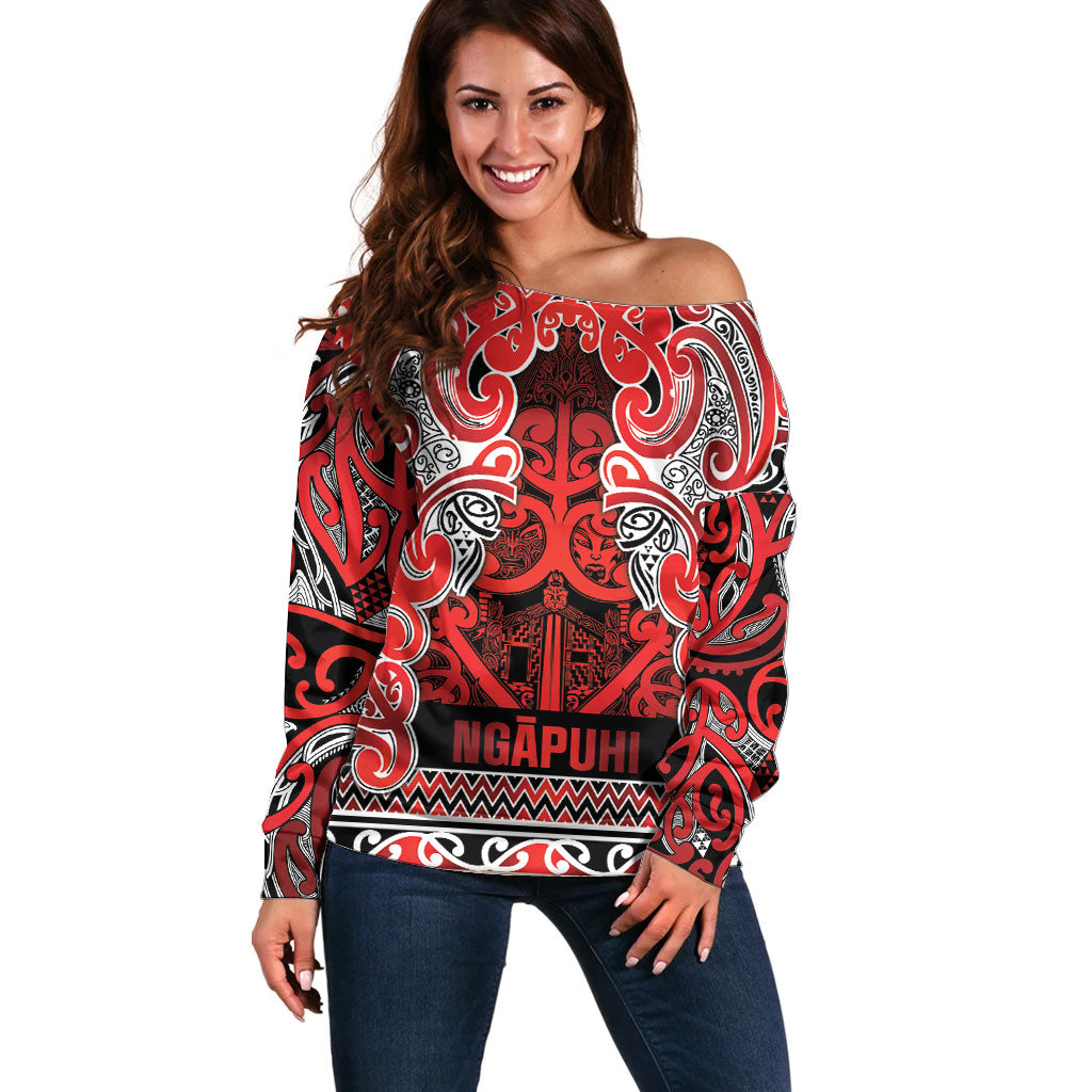 Aotearoa Iwi Ngapuhi Off Shoulder Sweater Maori Wharenui House Tribal Pattern LT9 Women Red - Polynesian Pride