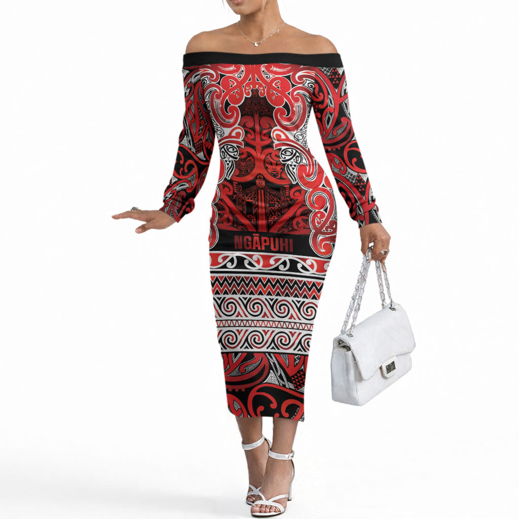 Aotearoa Iwi Ngapuhi Off The Shoulder Long Sleeve Dress Maori Wharenui House Tribal Pattern LT9 Women Red - Polynesian Pride