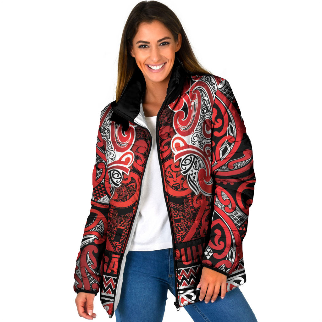 Aotearoa Iwi Ngapuhi Padded Jacket Maori Wharenui House Tribal Pattern LT9 Women Red - Polynesian Pride