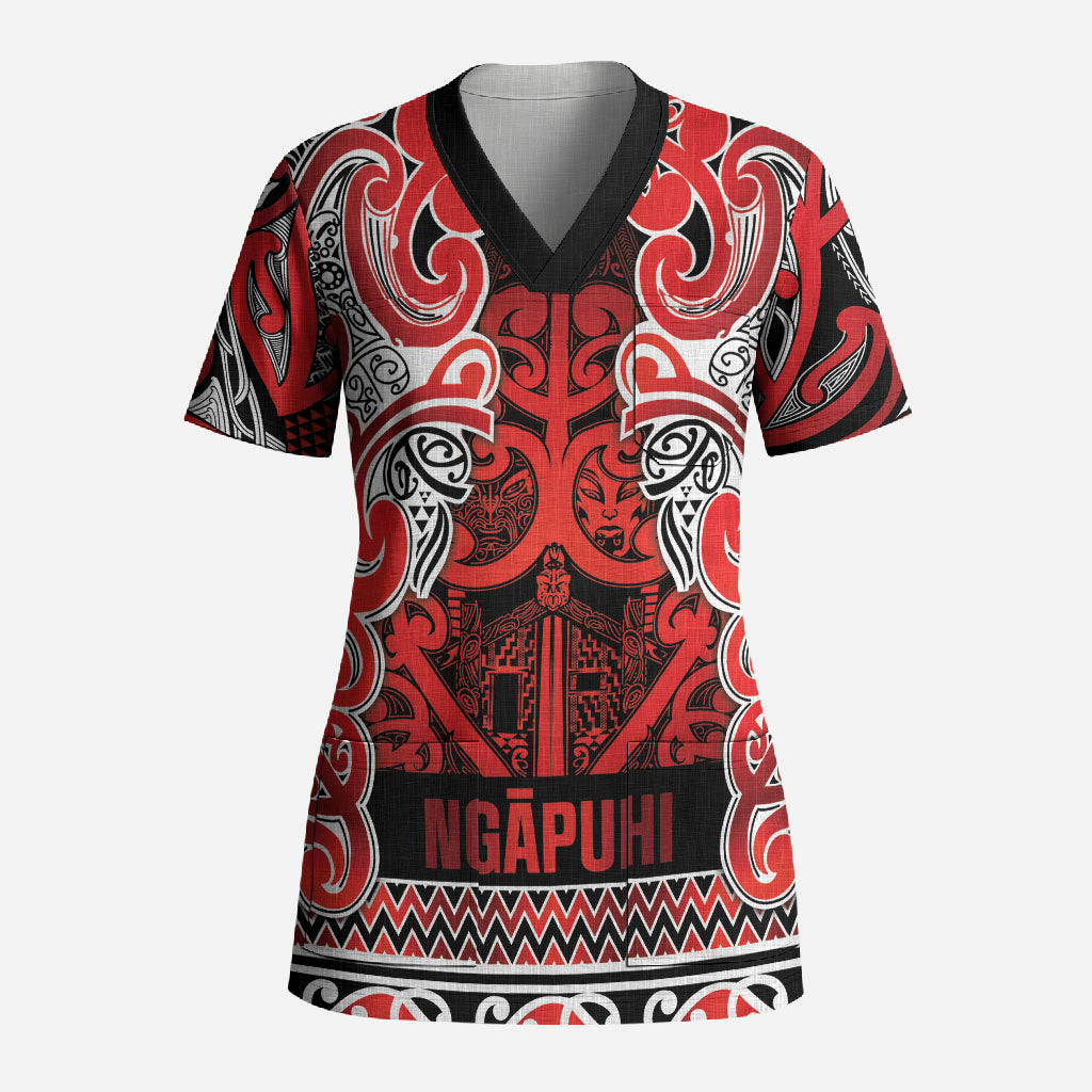 Aotearoa Iwi Ngapuhi Scrub Top Maori Wharenui House Tribal Pattern LT9 Adult Red - Polynesian Pride