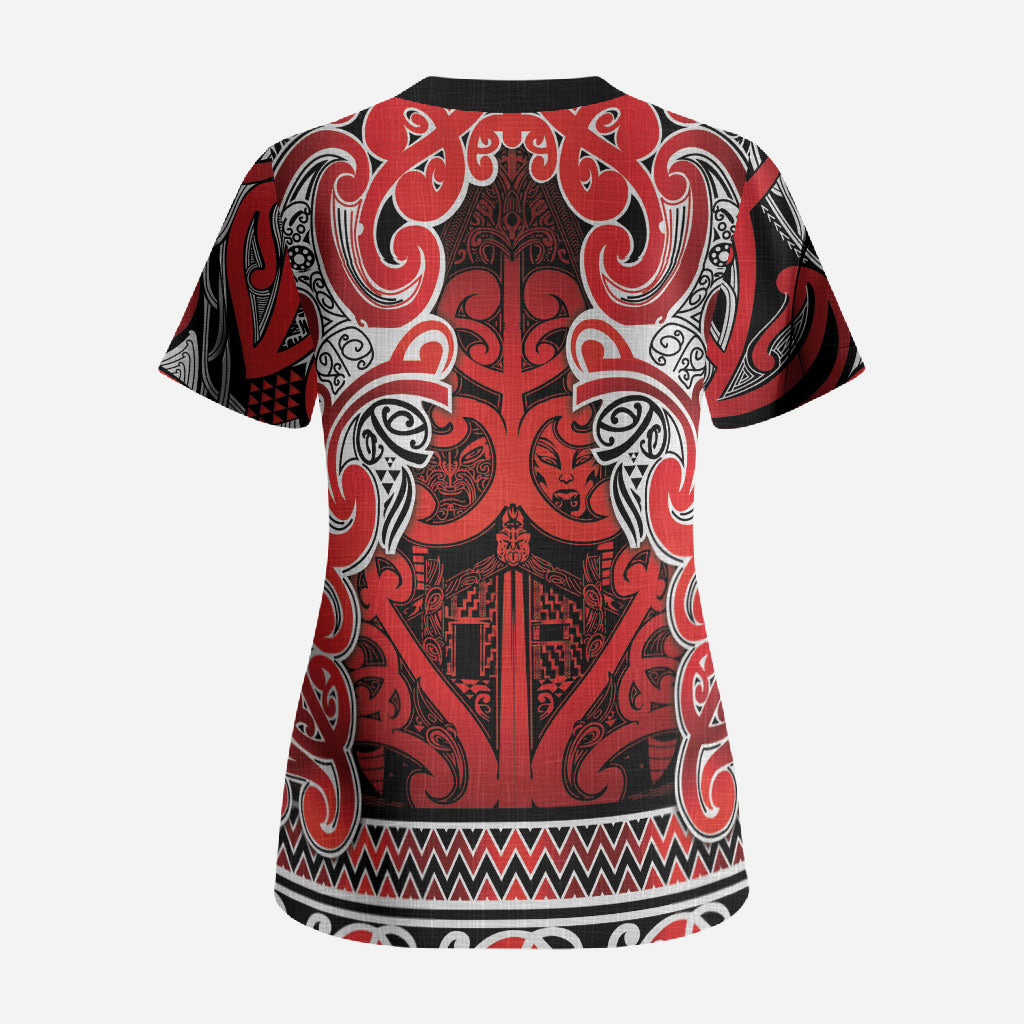 Aotearoa Iwi Ngapuhi Scrub Top Maori Wharenui House Tribal Pattern LT9 - Polynesian Pride