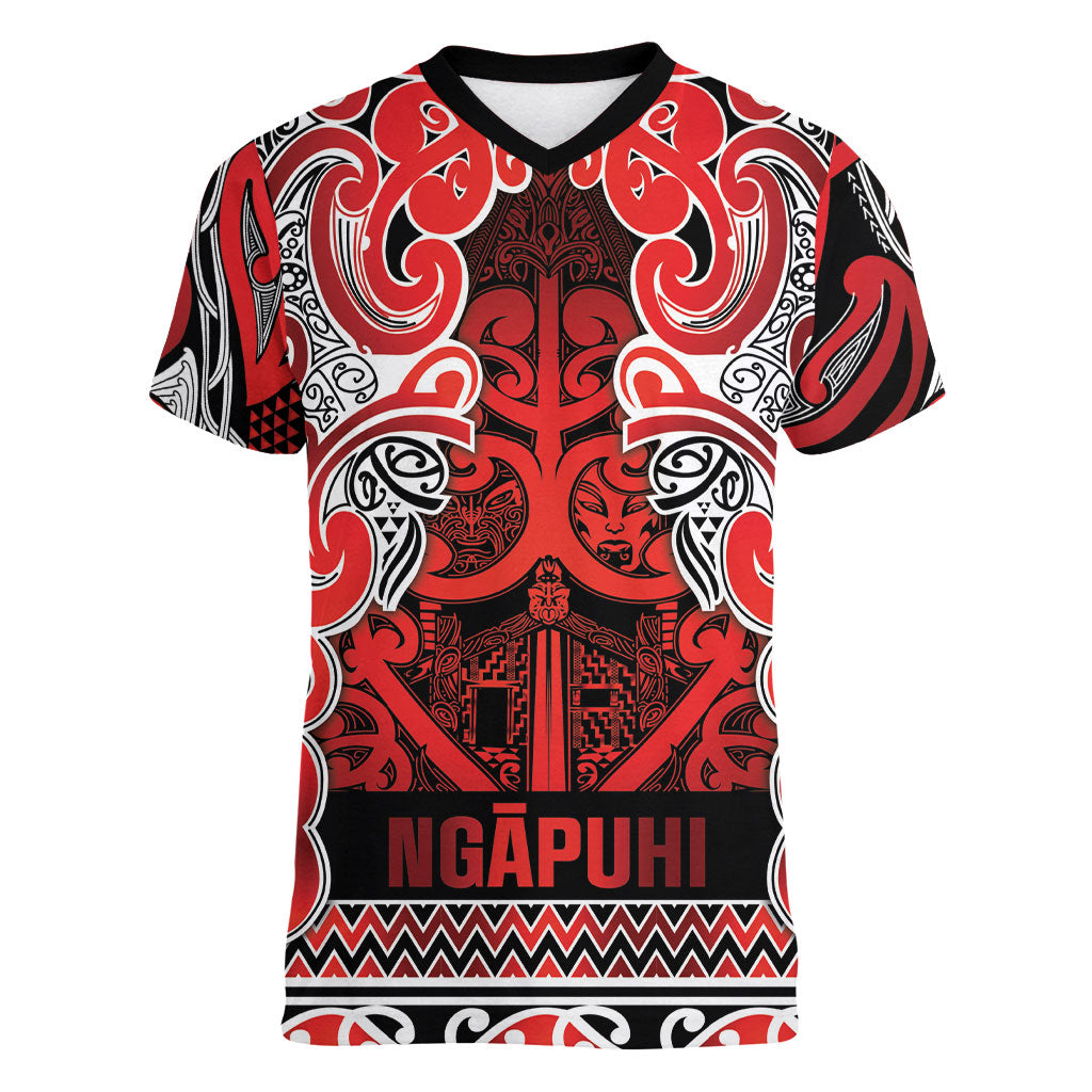 Aotearoa Iwi Ngapuhi Women V-Neck T-Shirt Maori Wharenui House Tribal Pattern LT9 Female Red - Polynesian Pride