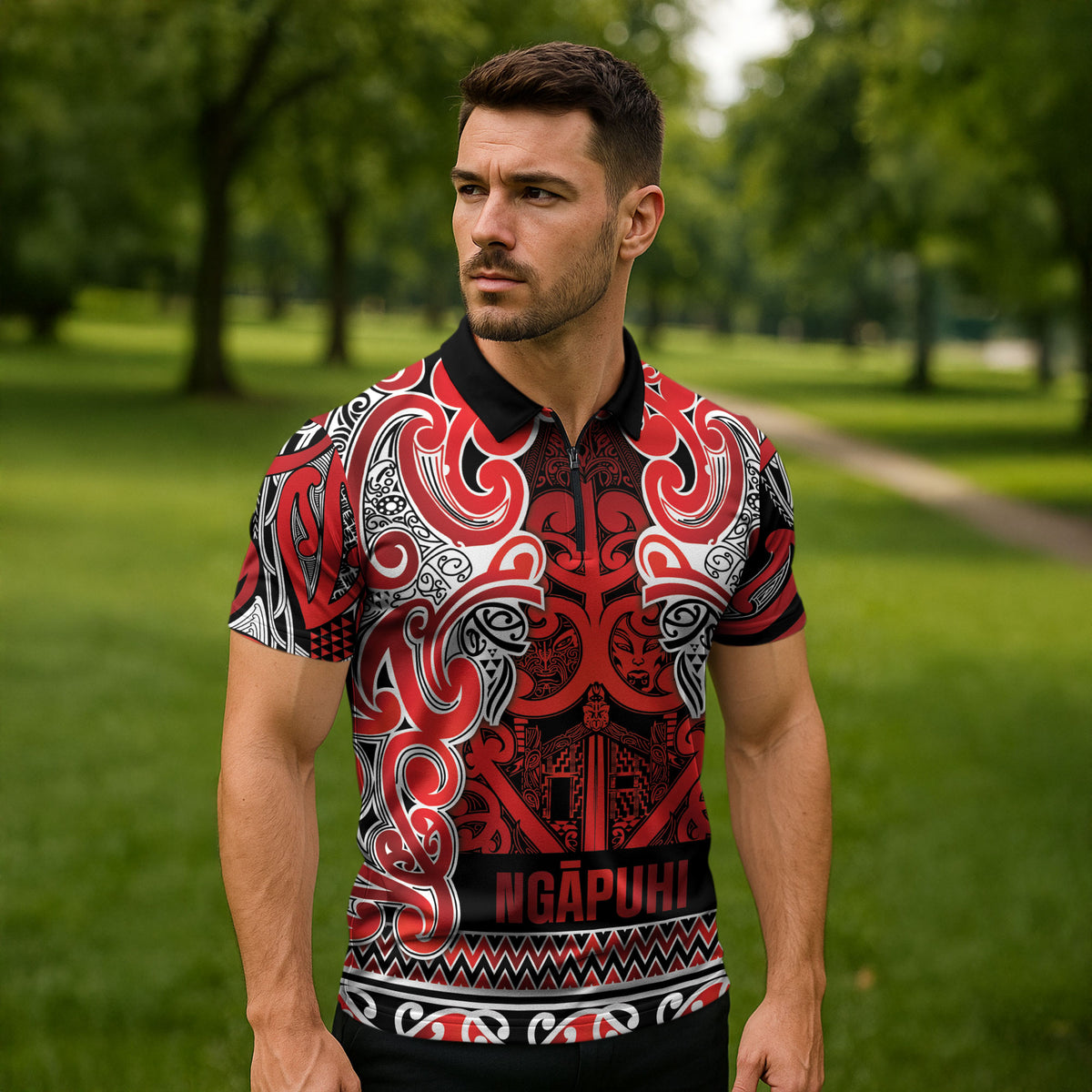 Aotearoa Iwi Ngapuhi Zipper Polo Shirt Maori Wharenui House Tribal Pattern LT9 - Polynesian Pride
