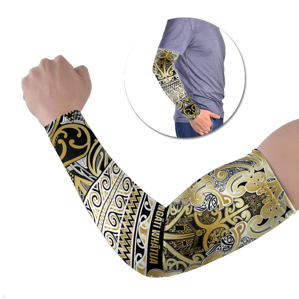 Aotearoa Iwi Ngati Whatua Arm Sleeves Maori Wharenui House Tribal Pattern LT9 Set of 2 Gold - Polynesian Pride