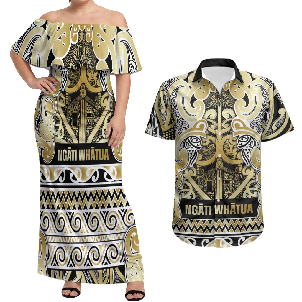 Aotearoa Iwi Ngati Whatua Couples Matching Off Shoulder Maxi Dress and Hawaiian Shirt Maori Wharenui House Tribal Pattern LT9 Gold - Polynesian Pride