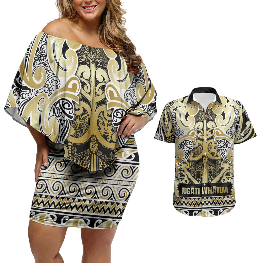 Aotearoa Iwi Ngati Whatua Couples Matching Off Shoulder Short Dress and Hawaiian Shirt Maori Wharenui House Tribal Pattern LT9 Gold - Polynesian Pride