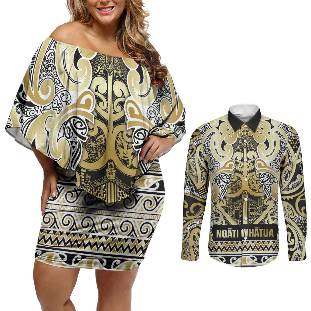 Aotearoa Iwi Ngati Whatua Couples Matching Off Shoulder Short Dress and Long Sleeve Button Shirt Maori Wharenui House Tribal Pattern LT9 Gold - Polynesian Pride