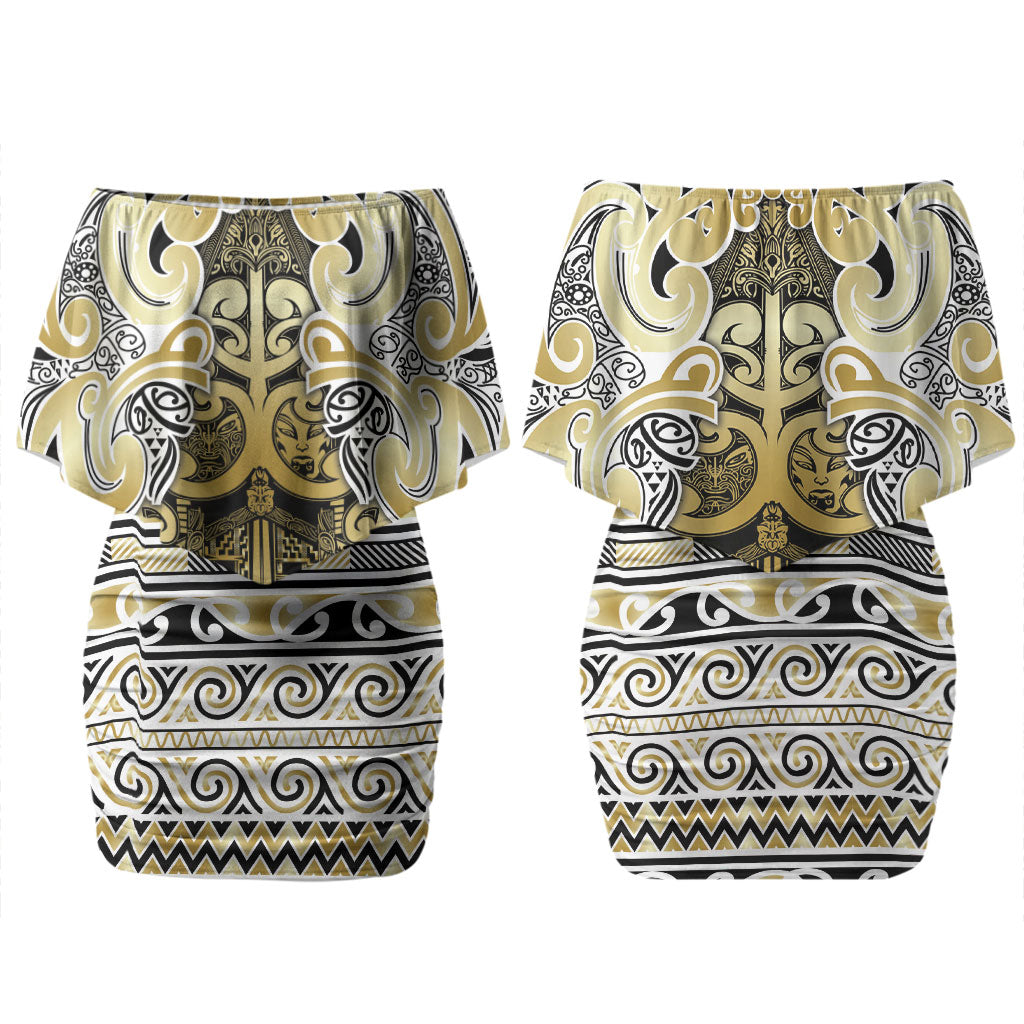 Aotearoa Iwi Ngati Whatua Family Matching Off Shoulder Short Dress and Hawaiian Shirt Maori Wharenui House Tribal Pattern LT9 Mom's Dress Gold - Polynesian Pride