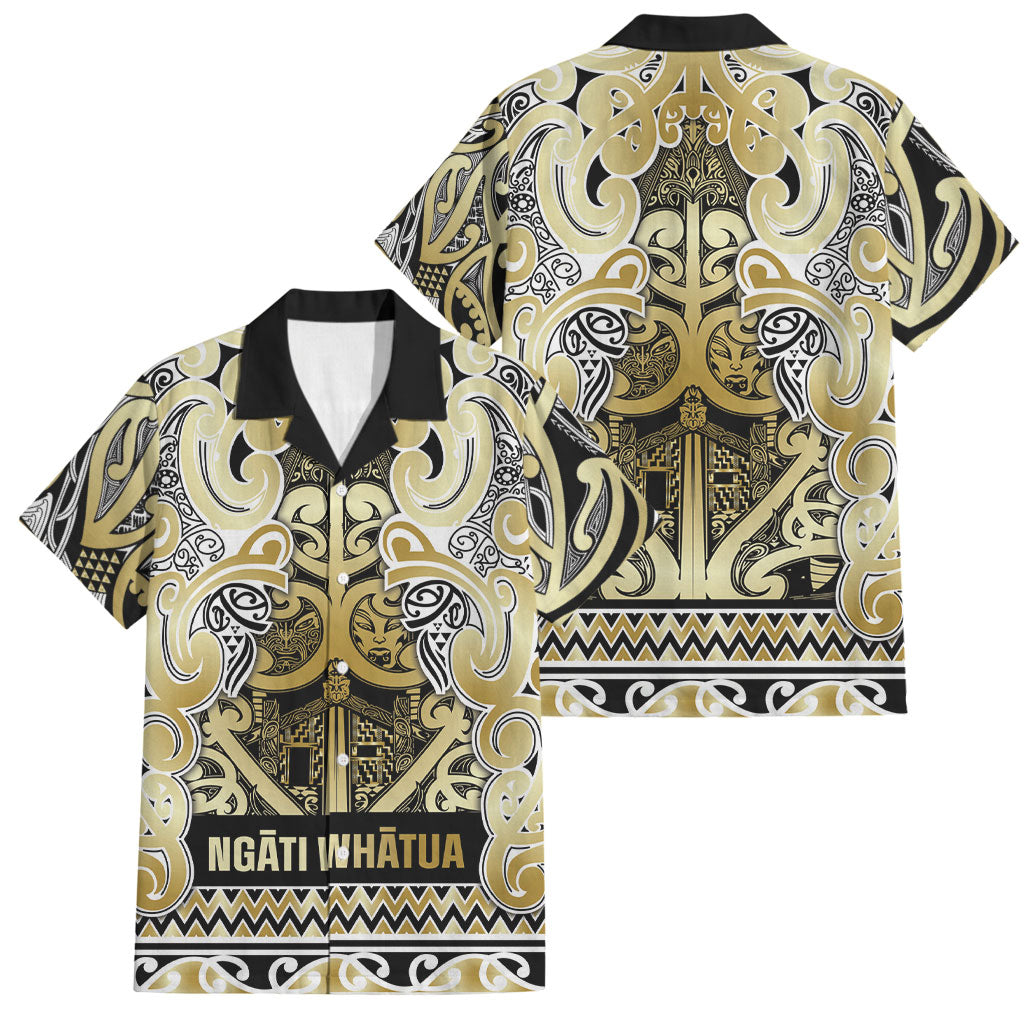 Aotearoa Iwi Ngati Whatua Family Matching Off Shoulder Short Dress and Hawaiian Shirt Maori Wharenui House Tribal Pattern LT9 Dad's Shirt - Short Sleeve Gold - Polynesian Pride