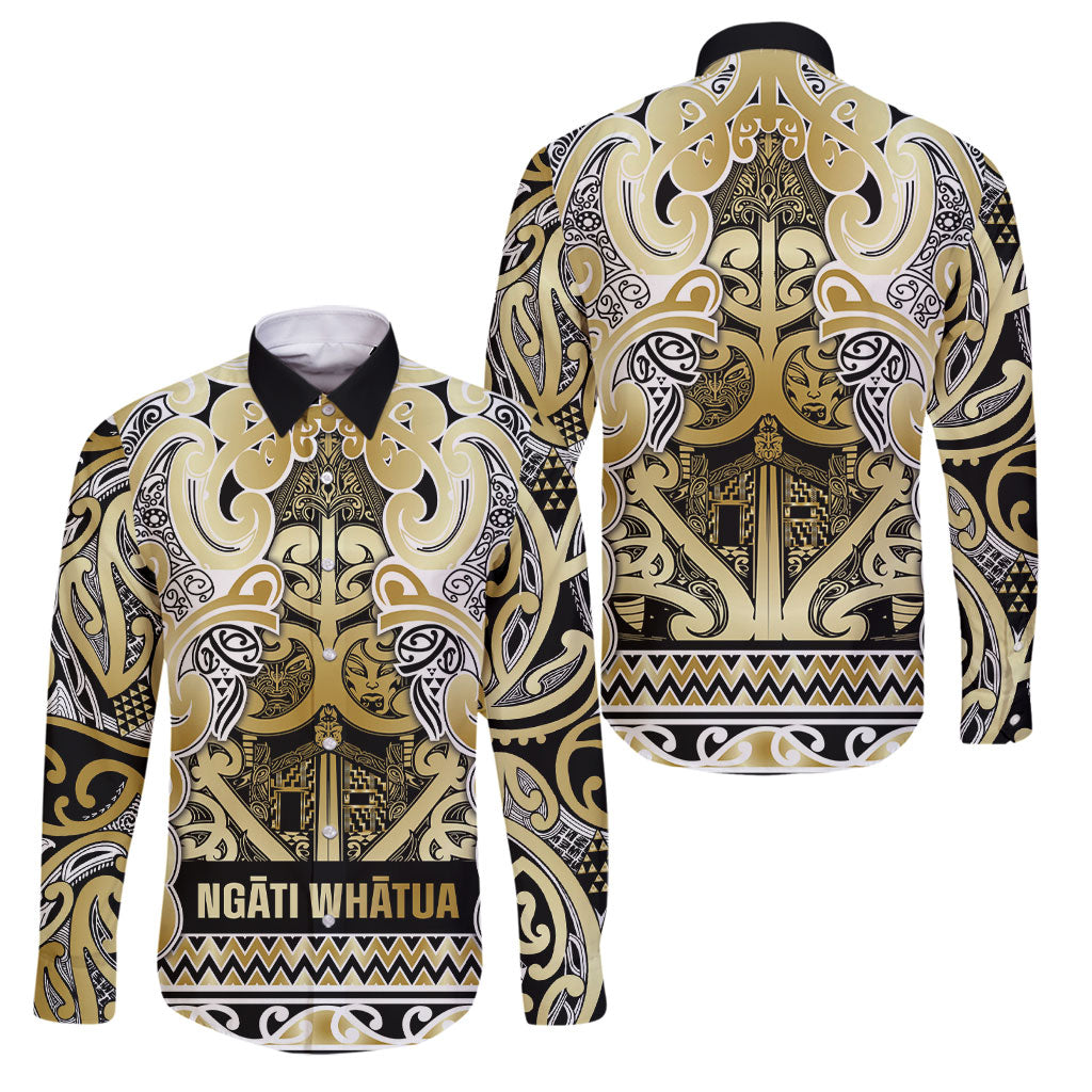 Aotearoa Iwi Ngati Whatua Family Matching Off Shoulder Short Dress and Hawaiian Shirt Maori Wharenui House Tribal Pattern LT9 Dad's Shirt - Long Sleeve Gold - Polynesian Pride