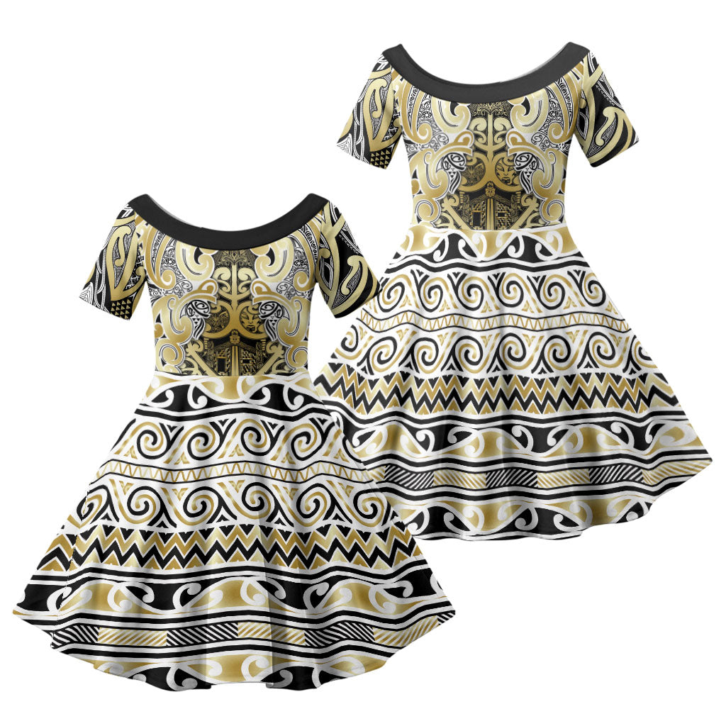 Aotearoa Iwi Ngati Whatua Family Matching Off Shoulder Short Dress and Hawaiian Shirt Maori Wharenui House Tribal Pattern LT9 Daughter's Dress Gold - Polynesian Pride