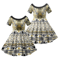 Aotearoa Iwi Ngati Whatua Family Matching Off Shoulder Short Dress and Hawaiian Shirt Maori Wharenui House Tribal Pattern LT9 Daughter's Dress Gold - Polynesian Pride