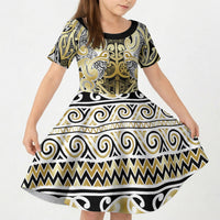 Aotearoa Iwi Ngati Whatua Kid Short Sleeve Dress Maori Wharenui House Tribal Pattern LT9 KID Gold - Polynesian Pride