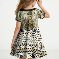 Aotearoa Iwi Ngati Whatua Kid Short Sleeve Dress Maori Wharenui House Tribal Pattern LT9 - Polynesian Pride