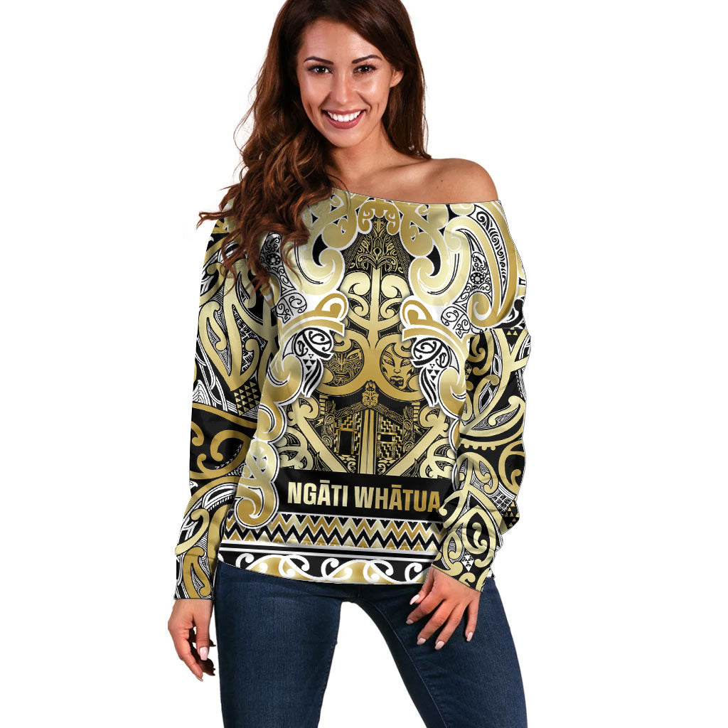 Aotearoa Iwi Ngati Whatua Off Shoulder Sweater Maori Wharenui House Tribal Pattern LT9 Women Gold - Polynesian Pride