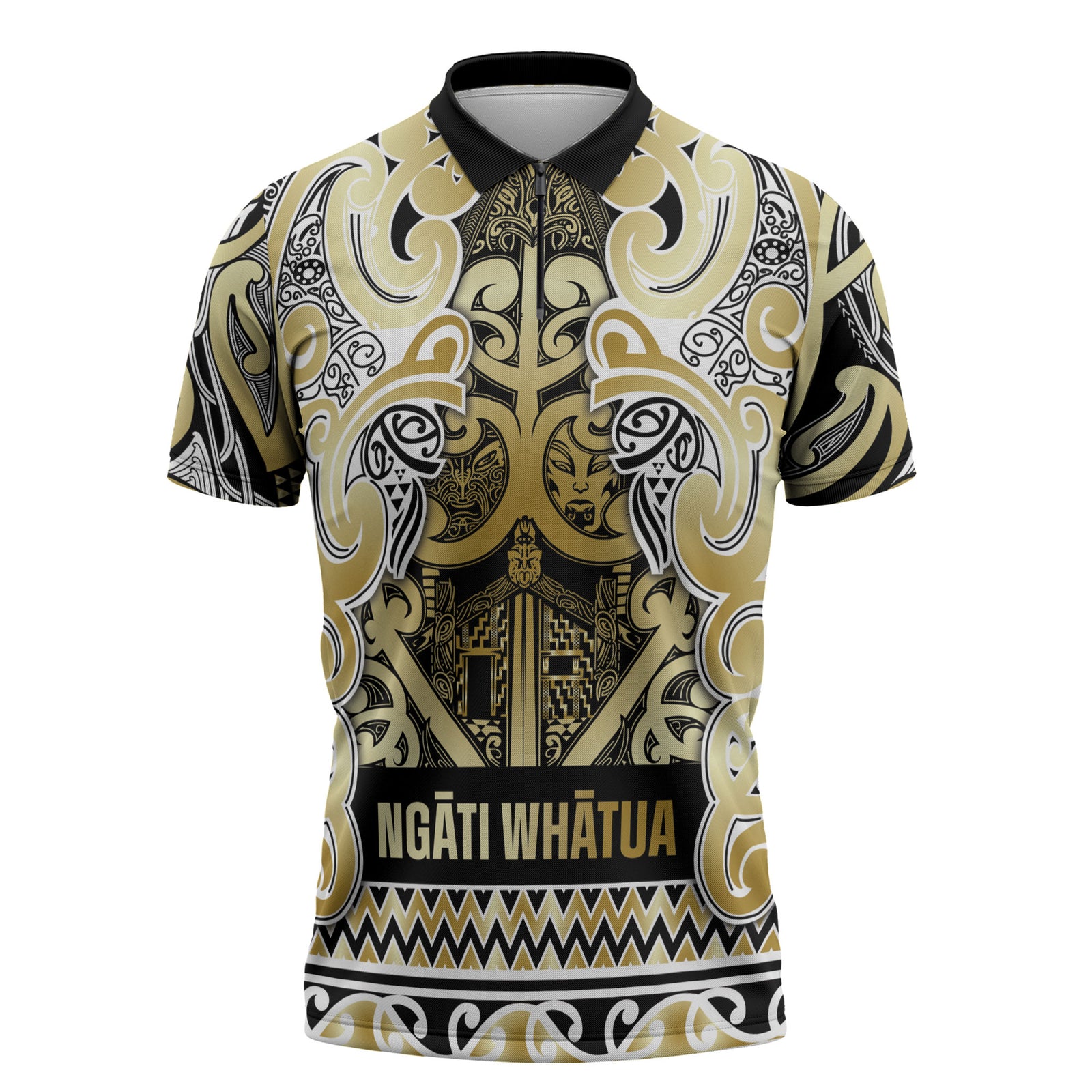 Aotearoa Iwi Ngati Whatua Zipper Polo Shirt Maori Wharenui House Tribal Pattern LT9 Gold - Polynesian Pride