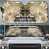 Aotearoa Iwi Waikato Tainui Auto Sun Shade Maori Wharenui House Tribal Pattern LT9 Light Gold - Polynesian Pride