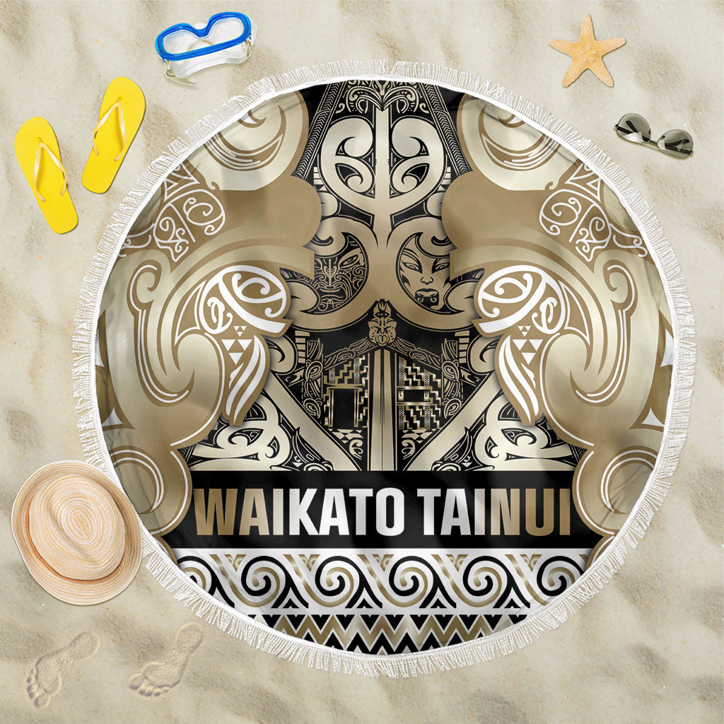 Aotearoa Iwi Waikato Tainui Beach Blanket Maori Wharenui House Tribal Pattern LT9 One Size 150cm Light Gold - Polynesian Pride