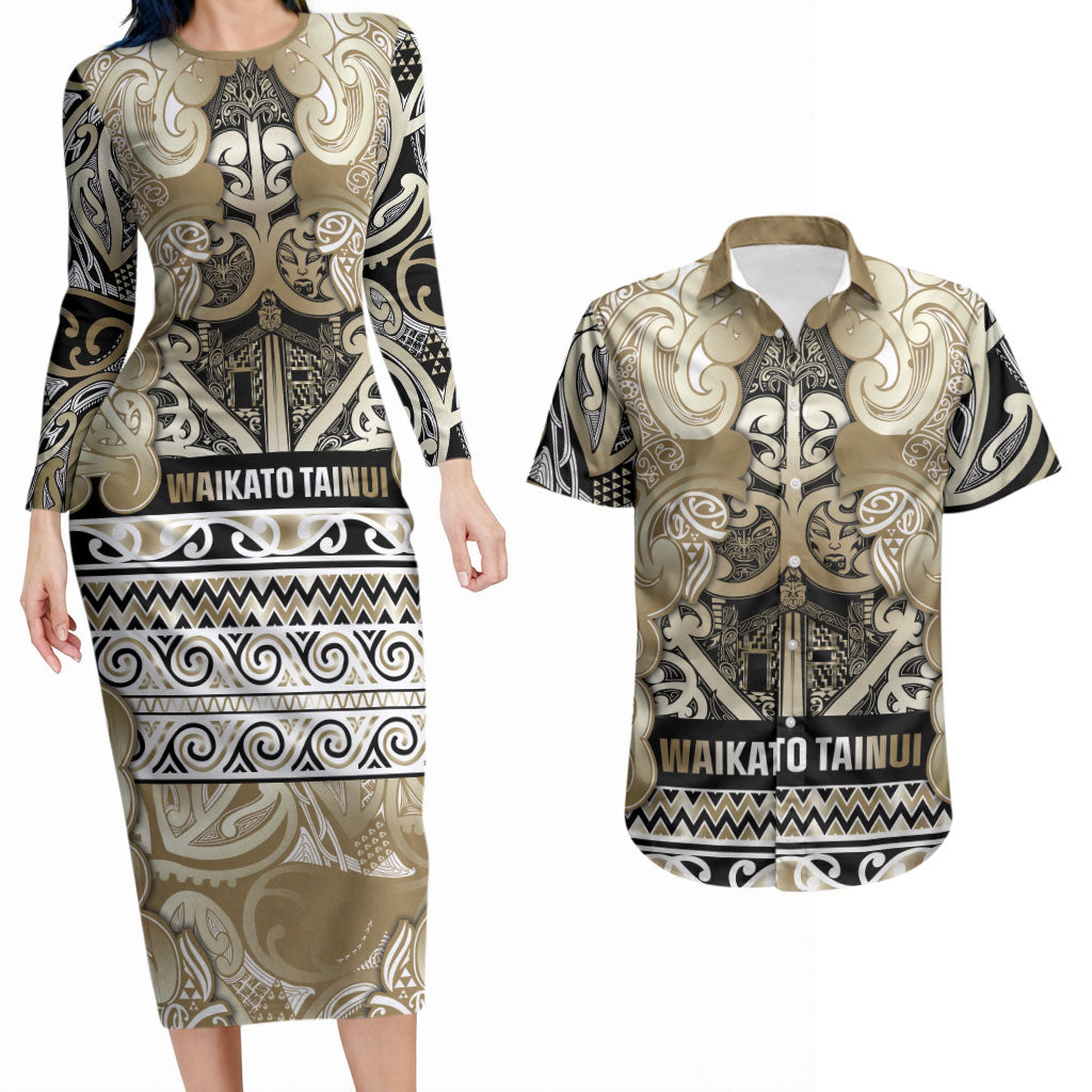 Aotearoa Iwi Waikato Tainui Couples Matching Long Sleeve Bodycon Dress and Hawaiian Shirt Maori Wharenui House Tribal Pattern LT9 Light Gold - Polynesian Pride