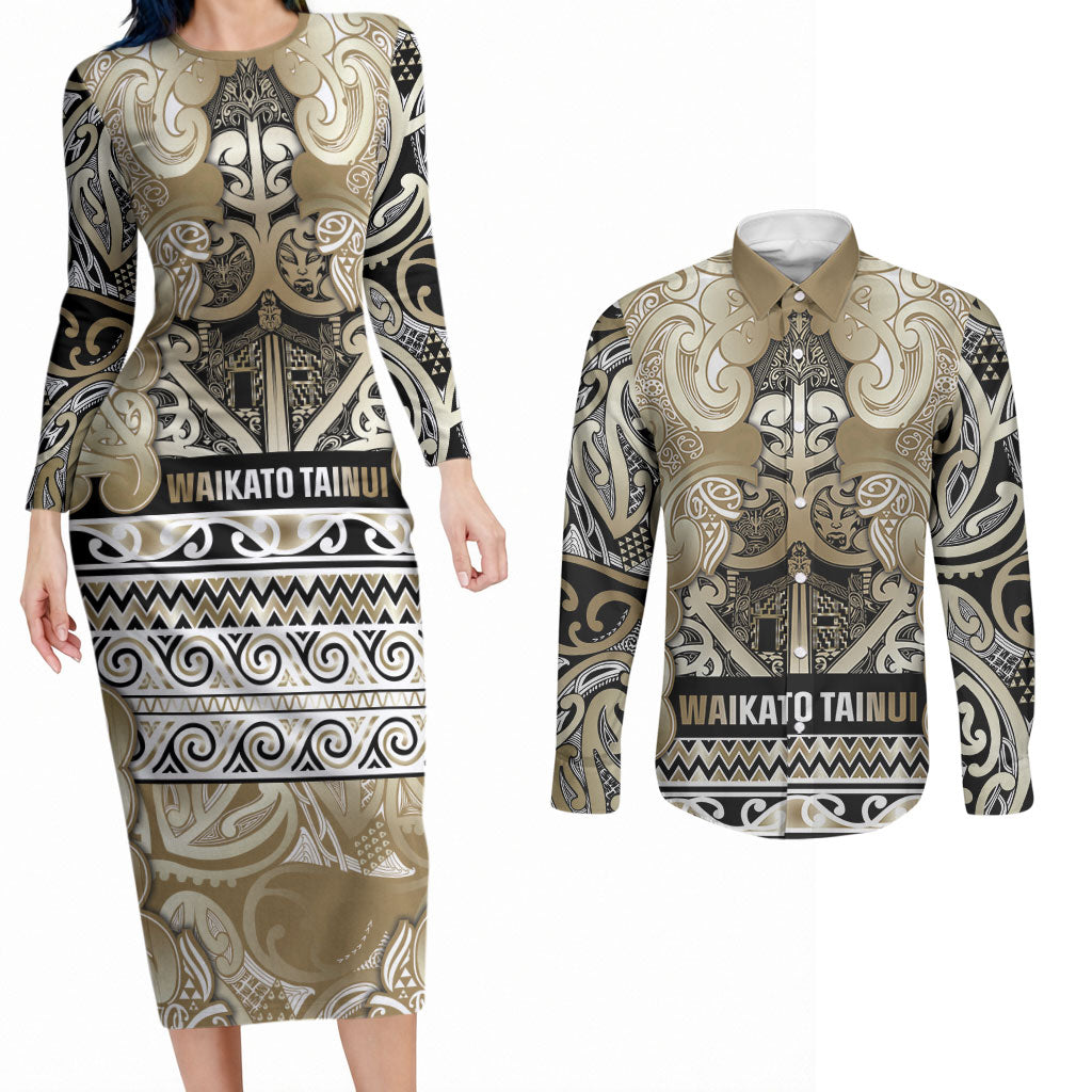 Aotearoa Iwi Waikato Tainui Couples Matching Long Sleeve Bodycon Dress and Long Sleeve Button Shirt Maori Wharenui House Tribal Pattern LT9 Light Gold - Polynesian Pride