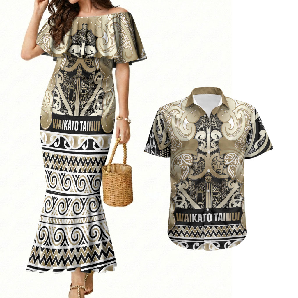 Aotearoa Iwi Waikato Tainui Couples Matching Mermaid Dress and Hawaiian Shirt Maori Wharenui House Tribal Pattern LT9 Light Gold - Polynesian Pride
