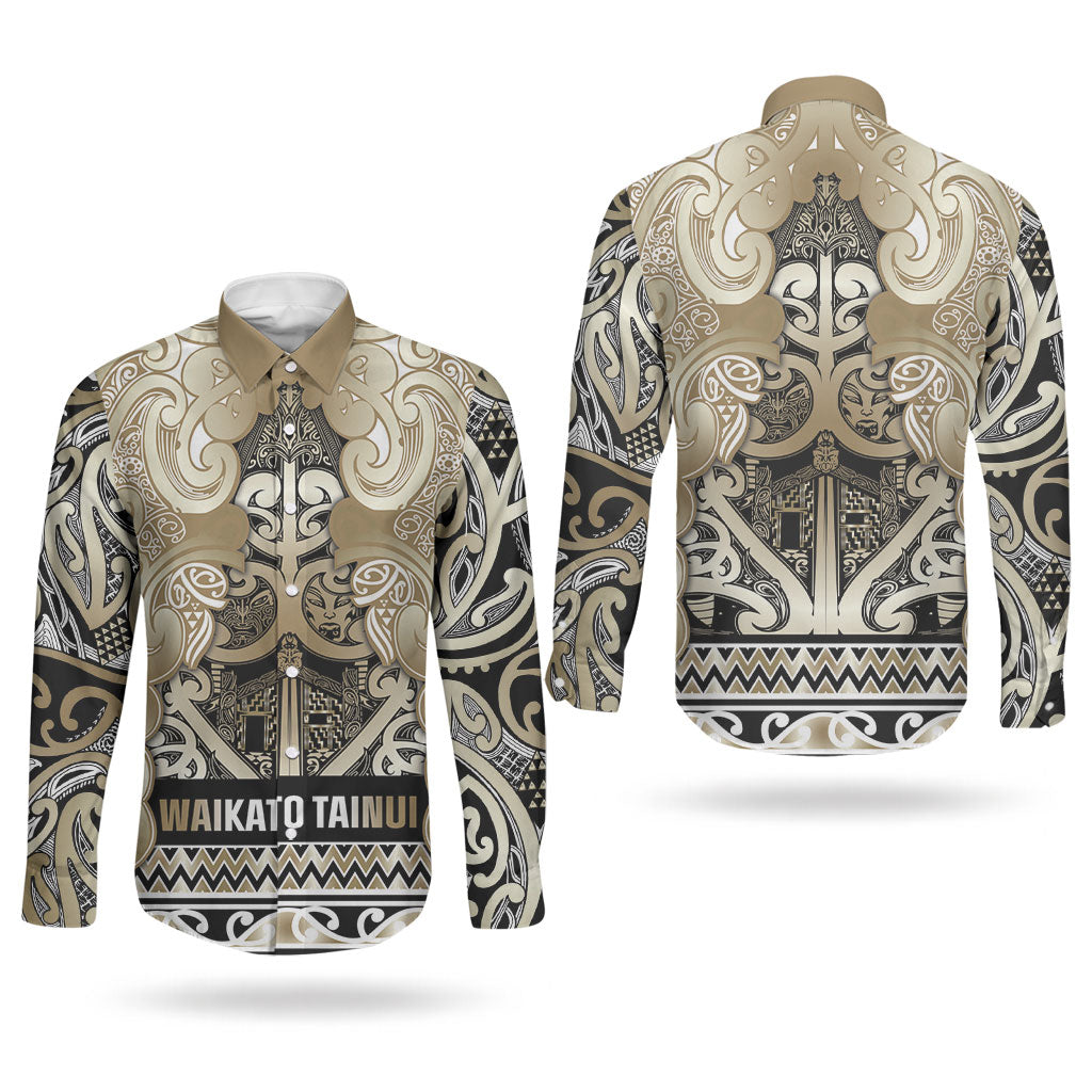 Aotearoa Iwi Waikato Tainui Couples Matching Off Shoulder Maxi Dress and Long Sleeve Button Shirt Maori Wharenui House Tribal Pattern LT9 - Polynesian Pride