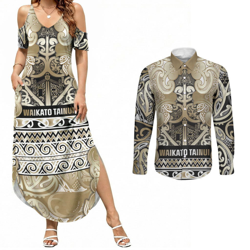 Aotearoa Iwi Waikato Tainui Couples Matching Summer Maxi Dress and Long Sleeve Button Shirt Maori Wharenui House Tribal Pattern LT9 Light Gold - Polynesian Pride