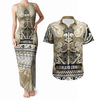 Aotearoa Iwi Waikato Tainui Couples Matching Tank Maxi Dress and Hawaiian Shirt Maori Wharenui House Tribal Pattern LT9 Light Gold - Polynesian Pride
