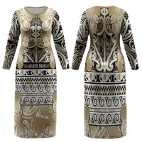 Aotearoa Iwi Waikato Tainui Family Matching Long Sleeve Bodycon Dress and Hawaiian Shirt Maori Wharenui House Tribal Pattern LT9 Mom's Dress Light Gold - Polynesian Pride
